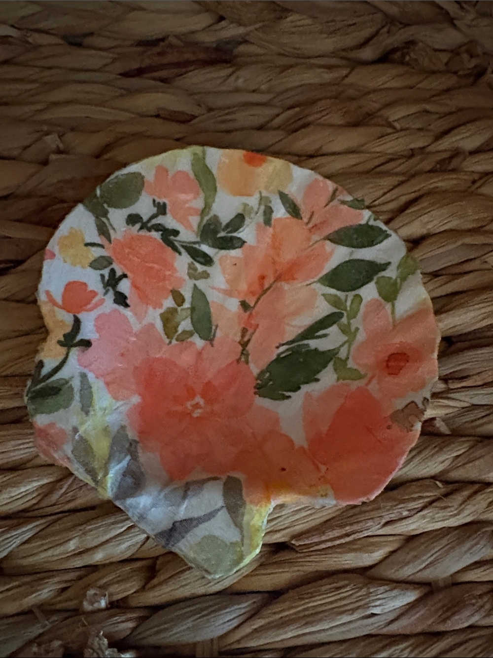 Hand Crafted Coral and Green Floral SHELL Trinket Dish